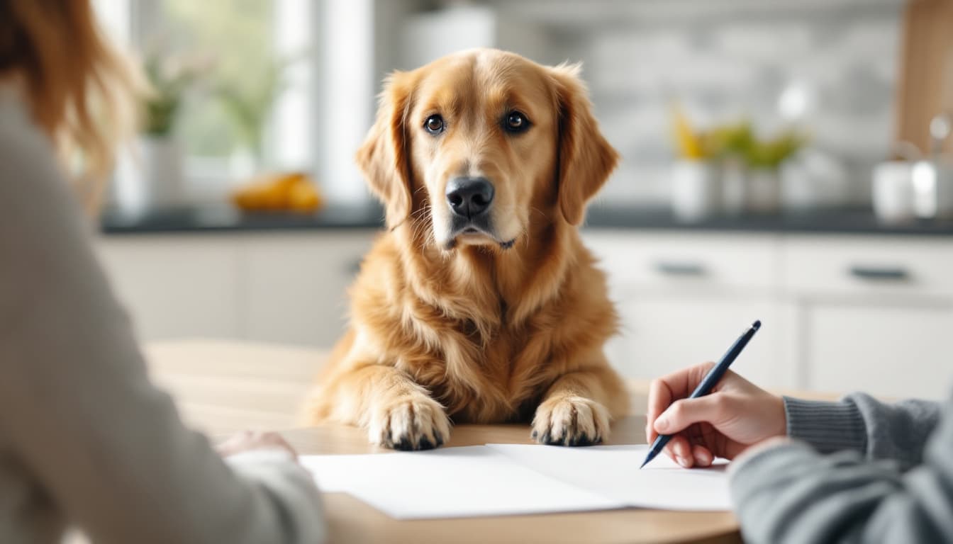 Hundehalterin füllt am Küchentisch das Anmeldeformular aus, ihr Golden Retriever schaut zu