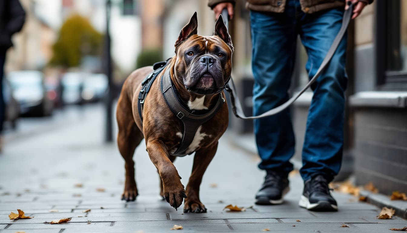 Listenhund mit Maulkorb und Leine beim ruhigen Spaziergang in der Stadt