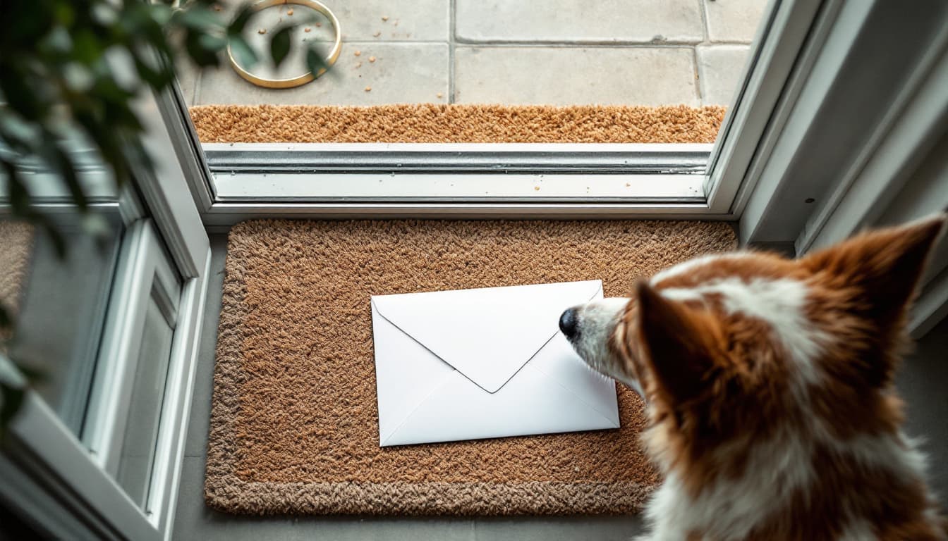 Amtlicher Brief auf der Fußmatte, ein Hund schnuppert daran — Strafe bei Nichtanmeldung