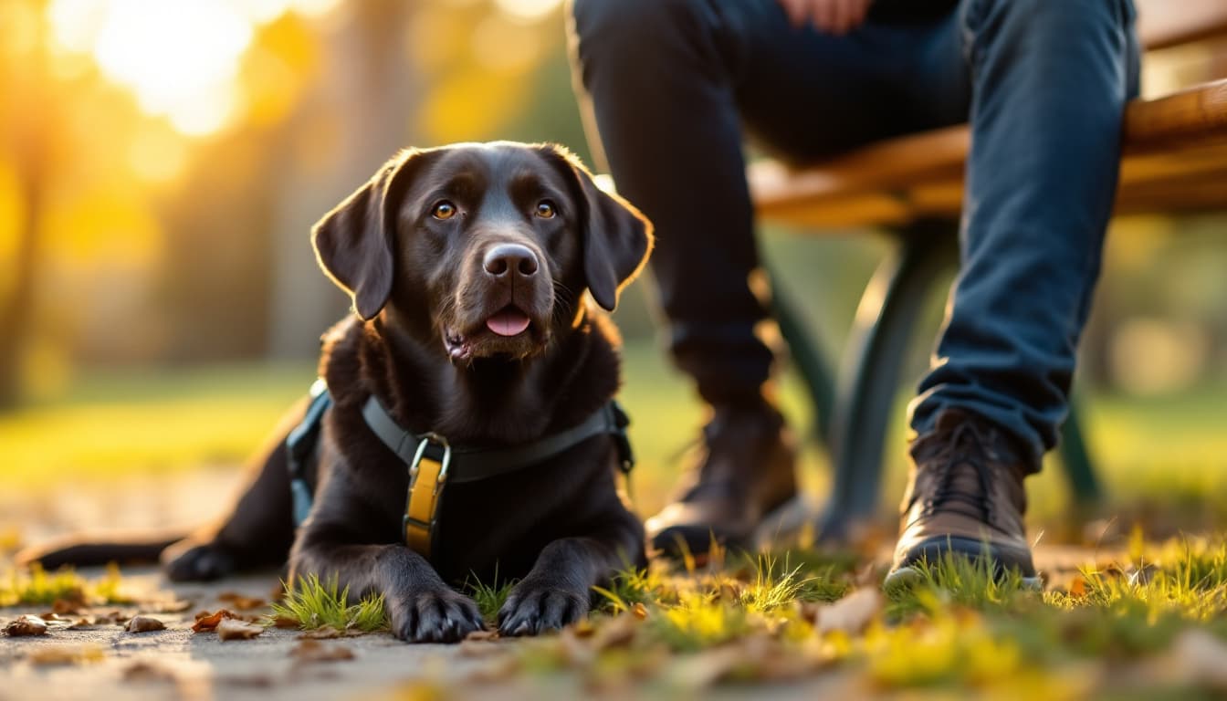 Assistenzhund im Führgeschirr liegt ruhig neben einer Parkbank — Befreiung von der Hundesteuer