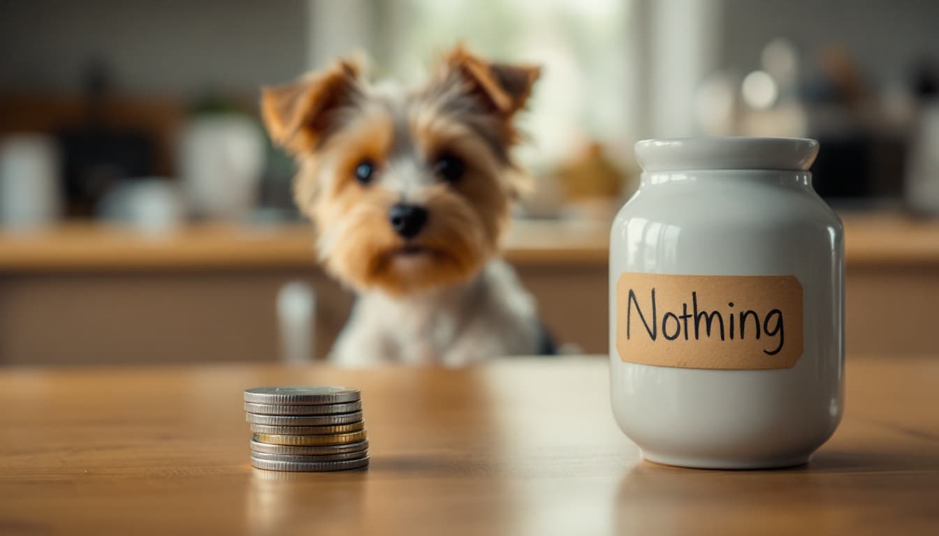 Euro-Münzen auf dem Küchentisch, ein Terrier beobachtet sie — steigende Hundesteuer