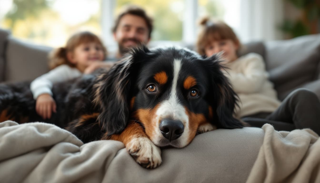 Familie mit großem Hund auf dem Sofa — die Hundehaftpflicht schützt vor der Halterhaftung