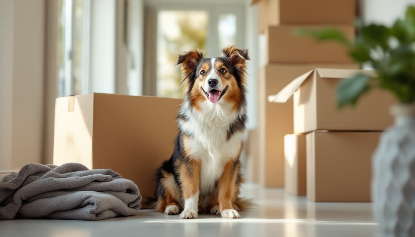 Hund sitzt zwischen Umzugskartons in einer Wohnung — Ummeldung nach dem Umzug