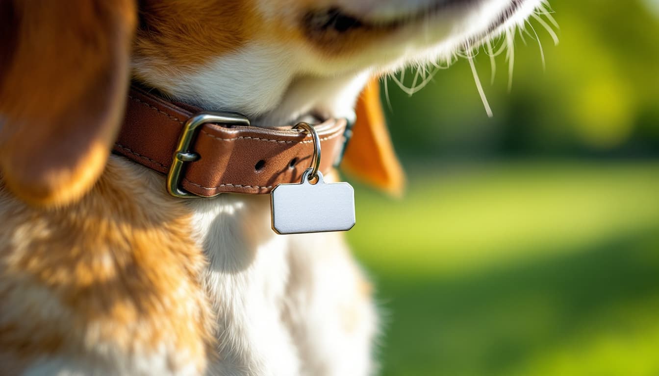 Hundesteuermarke am Lederhalsband eines Beagles in Nahaufnahme