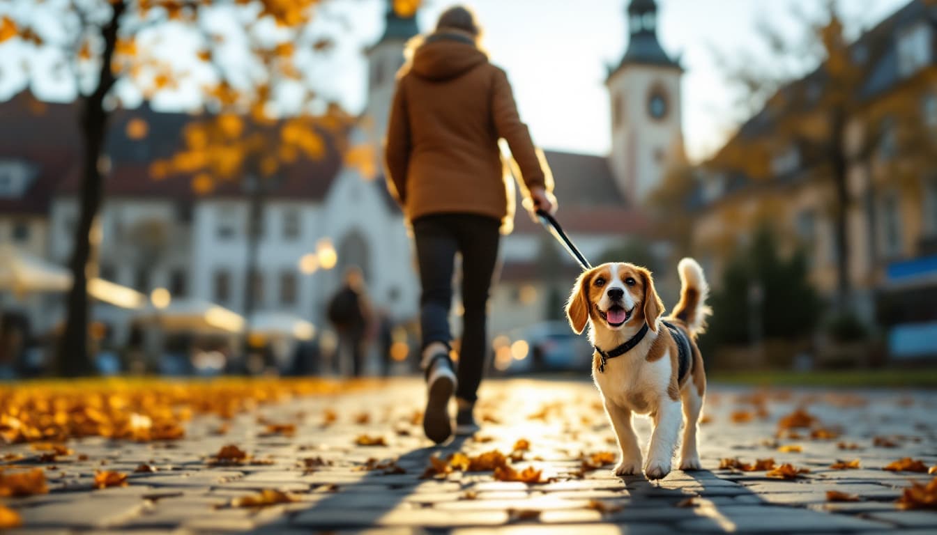Spaziergang mit Hund vor einem historischen deutschen Rathaus